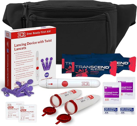 Ever Ready First Aid Diabetic Fanny Pack Kit - Includes BZK Antiseptic Towelettes, Adhesive Bandages, Lancing Device, Sharp Container, Portable Emergency Supplies for Diabetes Care