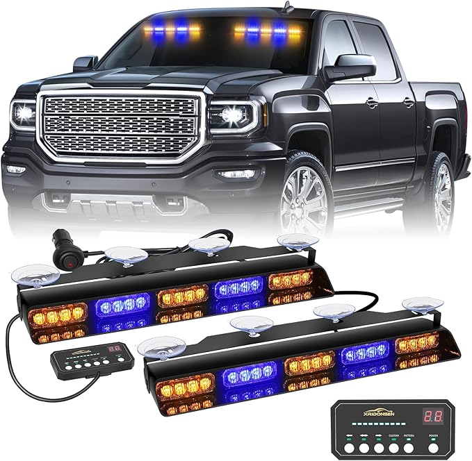 XRIDONSEN 2x 17 inch Amber Blue Emergency Dash Lights Interior Front/Rear Windshield Strobe Lights 40 LED Safety Flashing Warning Hazard Lights w/Suction Cups for Plow Trucks Construction Vehicles