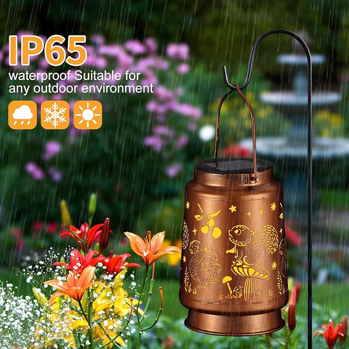 Solar Lantern Outdoor Hanging Waterproof Outside Metal Openwork Hummingbird Pattern Birthday Gifts for Women Mom Landscape Lights for Porch Garden Yard Patio Pathway Decor(Squirrel)