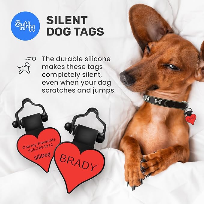 SiliDog - The Original Silicone Silent Dog Tag - Personalized Engraved Soundless Pet ID - As Seen On Shark Tank - Durable - Never Fades - Heart - Red