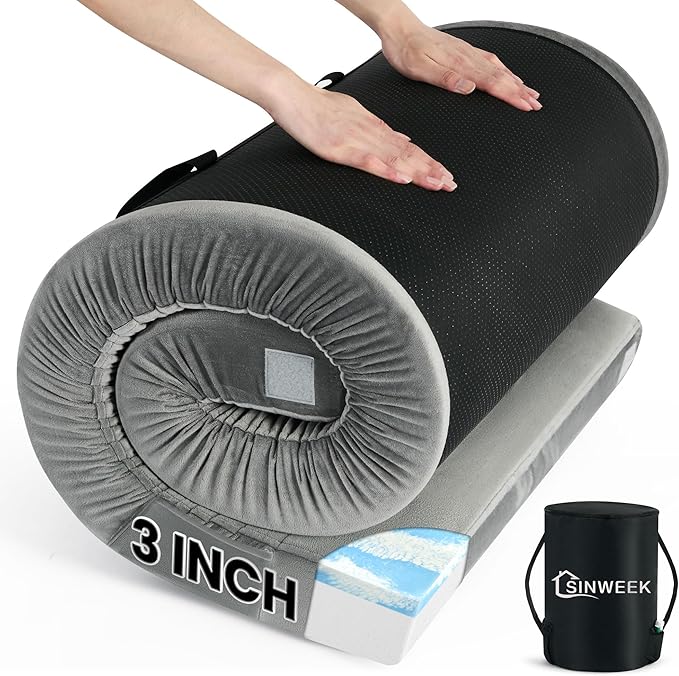 Sinweek Memory Foam Camping Mattress CertiPUR-US Waterproof Portable Roll Up Mattress for Adults Cot Mattress Car Van Sleeping Mat Pad with Carrying Bag