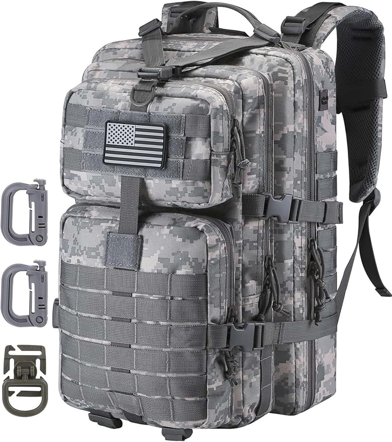 MOLLE Assault Backpack, Tactical Backpack Army Military Camping Rucksack, 3-Day Pack Travel Trip w/USA Flag Patch, D-Rings, ACU Camo