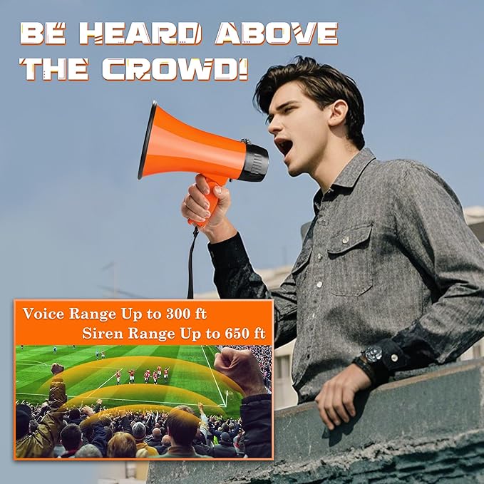 MyMealivos Portable Megaphone Bullhorn 20 Watt Power Megaphone Speaker Voice and Siren/Alarm Modes with Volume Control and Strap (Orange)