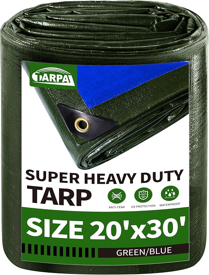 TARPAL Tarps Heavy Duty Waterproof 20x30 Large Tarp 16mil Thick Tarps with Metal Grommets Every 17.7" UV Protection&Tear -Resistant Cover for Firewood,Roof,Pool,Car,RV&Outdoor Furniture（Green/Blue）