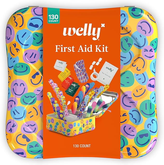 Welly First Aid Kit - Adhesive Flexible Fabric and Waterproof Bandages, Tape and Non-Stick Pads, Butterfly Strips, Single Use Ointments Triple Antibiotic and Hydrocortisone, and Ibuprofen - 130 Count