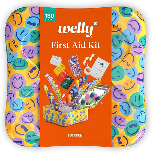 Welly First Aid Kit - Adhesive Flexible Fabric and Waterproof Bandages, Tape and Non-Stick Pads, Butterfly Strips, Single Use Ointments Triple Antibiotic and Hydrocortisone, and Ibuprofen - 130 Count