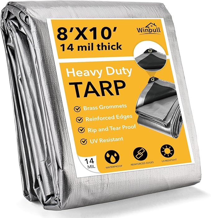 Tarp 8x10 Feet 14 Mil Heavy Duty Waterproof Tarp, Large Multipurpose Cover with Brass Grommets and Reinforced Edges, UV Resistant Thick Poly Tarps for Outdoor Camping Tent Pool Car