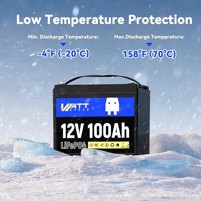 Wattcycle LiFePO4 Lithium Battery 12V 100Ah, Use EV Grade A+ Cell, Buit-in 100A BMS, Low Temperature Protection, Up to 15000 Cycles -Perfect for RV, Solar System, Trolling Motor, etc.