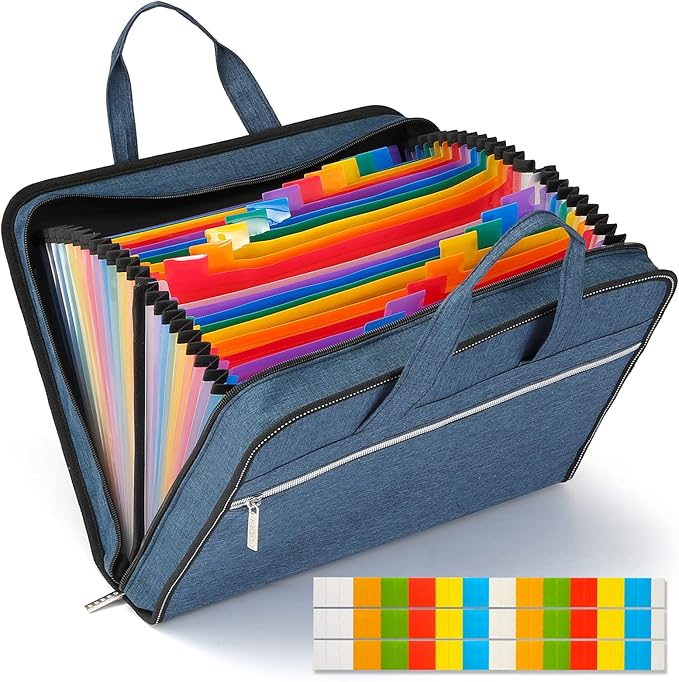 SEEKIND Heavy Duty Accordian File Organizer with Handle,26 Pockets Expanding File Folder, Portable Cloth Document Organizer Accordion File Keeper for Letter Size / A4 File, for Office, School-Teal …