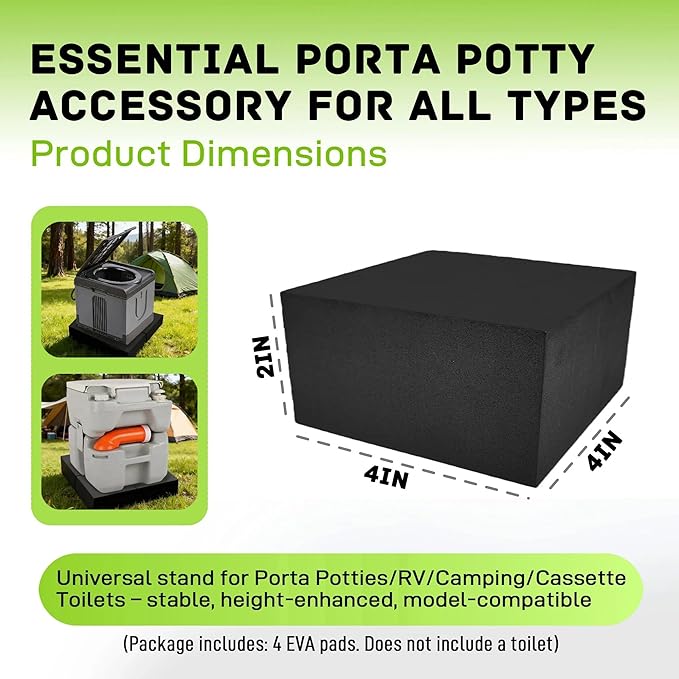 2-Inch Height Lift Porta Potty Pads 4 Pack - 4x4x2 Inch Universal Base for Portable, RV, Cassette Toilets, Anti-Slip Trimmable EVA Pads with Adhesive