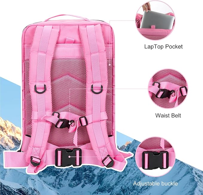 MOLLE Assault Backpack, Tactical Backpack Military Army Camping Rucksack, 3-Day Pack Trip w/USA Flag Patch, D-Rings, Pink