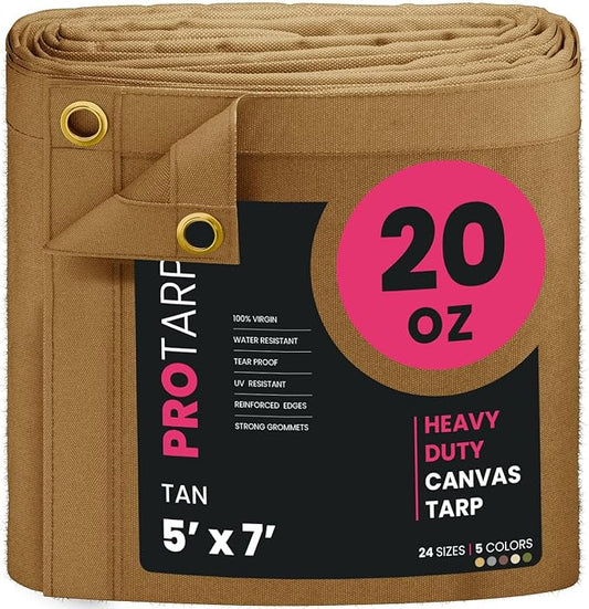 PROTARP Extreme Heavy Duty 20 OZ Water Resistant Canvas Tarp, UV Resistant Tarpaulin Cover with Rustproof Brass Grommets, Multipurpose for Canopy, Roof, Camping, Woodpile (Tan 5'X7')