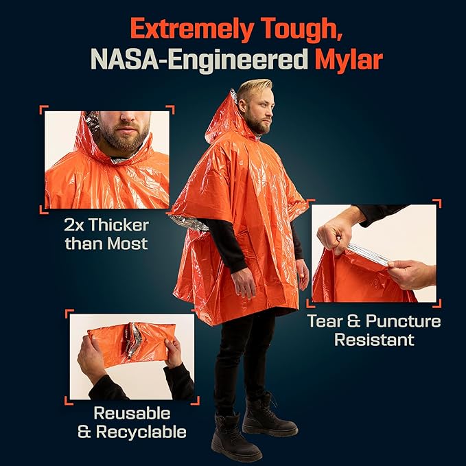 PREPARED4X Emergency Poncho and Mylar Blanket Liner - Waterproof, Wind-Resistant Outdoor Rain Poncho for Camping, Emergencies