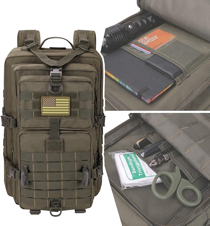 MOLLE Assault Backpack, Tactical Backpack Military Army Camping Rucksack, 3-Day Pack Trip w/USA Flag Patch, D-Rings, Olive