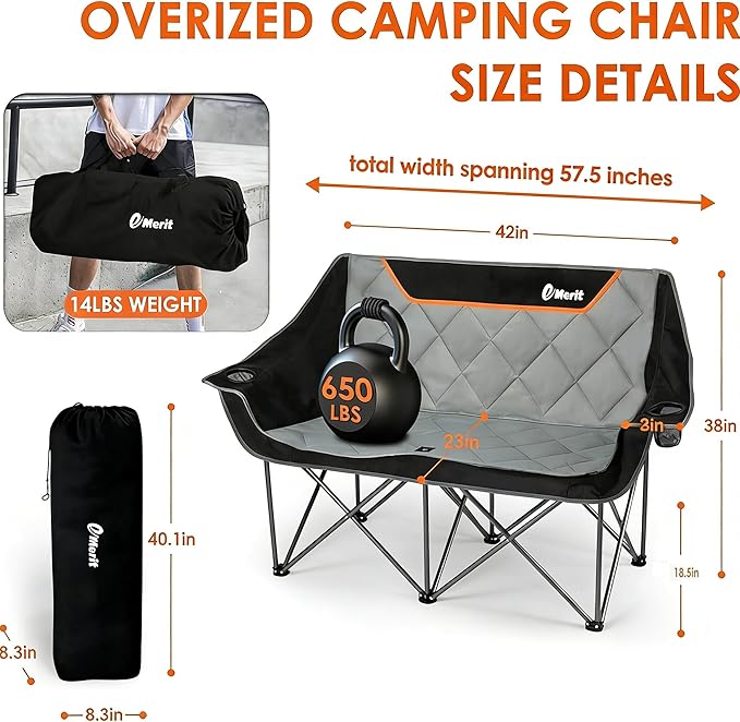 EMERIT Oversized Camping Chair with 650LB Capacity - Heavy Duty Folding Loveseat Camping Couch with Deep Seat & Rip-Resistant Fabric, Padded Comfort, Cup Holders for Outdoor, Lawn & Sports.