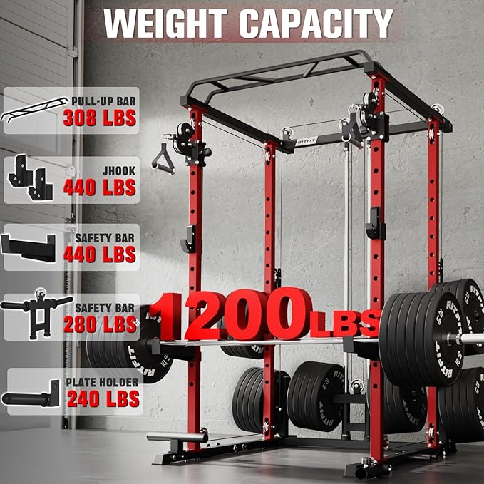 RitFit Multi-Function Squat Rack Power Cage PPC-P3 with Cable Crossover System, 1200LBS Capacity Power Rack and Packages with Optional Weight Bench, Barbell Weight Set, for Garage Workout & Home Gym