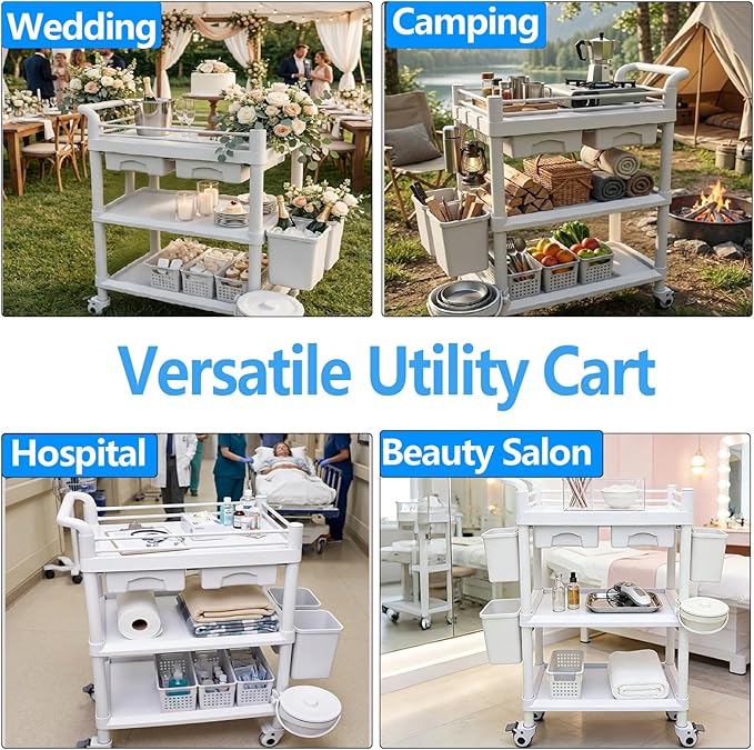 3 Tiers Medical Carts with 4 Wheels, Heavy Duty 330LBS Rolling Utility Cart with 2 Drawers, Trash Cans & Dirt Buckets, Medical Mobile Trolley Cart for Dental Clinics, Hospital and Beauty Salon