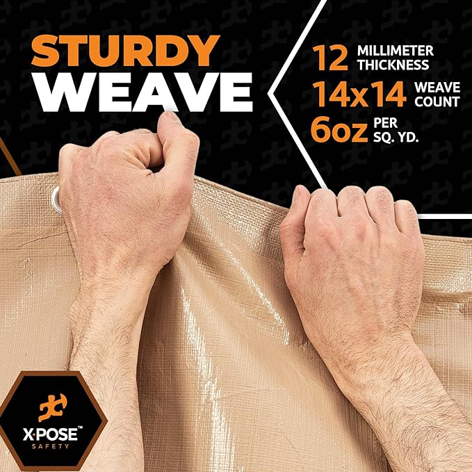 Heavy Duty Tan Poly Tarp 40' X 60' - Multipurpose Protective Cover - Durable, Waterproof, Weather Proof, Rip and Tear Resistant - Extra Thick 12 Mil Polyethylene - by Xpose Safety