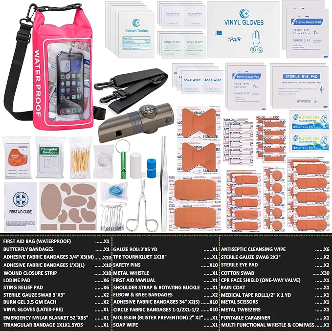 154 Pieces Waterproof Boat First Aid Kit Dry Bag with Cell Phone Bug Out Bags Pouch Roll Top Boat Emergency Kit 2-in-1 for Camping Fishing Kayaking Swimming Rafting