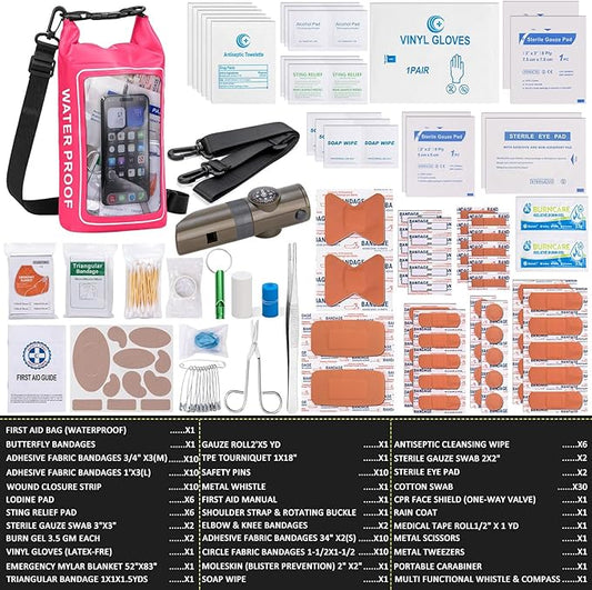 154 Pieces Waterproof Boat First Aid Kit Dry Bag with Cell Phone Bug Out Bags Pouch Roll Top Boat Emergency Kit 2-in-1 for Camping Fishing Kayaking Swimming Rafting