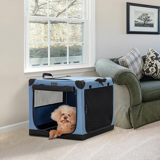 PETSFIT Dog Travel Crate, with Patented Adjustable Fabric Cover, Chewproof & Lockable Mesh Doors, Waterproof Base Soft Sided Kennel Blue 26 Inch