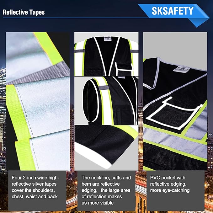 SKSAFETY 10 Pockets Safety Vest, Class 2 High Visibility Security with Zipper, Hi Vis Vest with Reflective Strips, ANSI/ISEA Standard, Construction Work Vest for Men ＆ Women （Black, L）