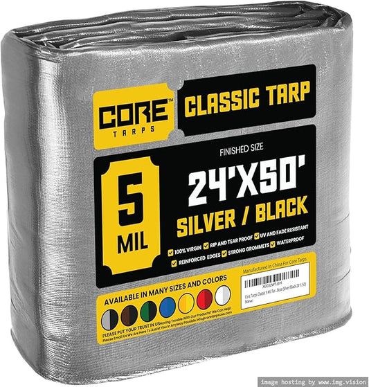 Core Tarps Classic 5 Mil Tarp Cover, Waterproof, UV Resistant, Rip and Tear Proof, Poly Tarpaulin with Reinforced Edges for Roof, Camping, Patio, Pool Cover, Boat (Silver/Black 24′ X 50′)