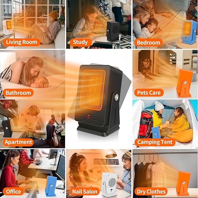 Portable Space Heaters for Indoor Use,Desktop Heater with 900W PTC 2s Fast Heating, 30° Adjustable Angle Design Small Electric Heater Lightweight for Personal, Office,Room,Blue