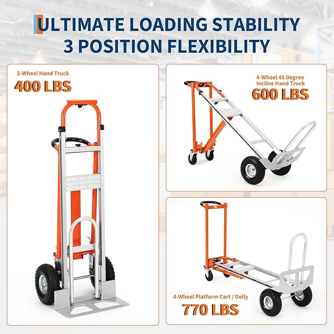 3 in 1 Convertible Hand Truck Dolly, 770 LBS Load Capacity Folding Cart with Wheels, Elastic Straps, Aluminum Collapsible Dolly Cart for Home, Warehouse, Supermarket, Office