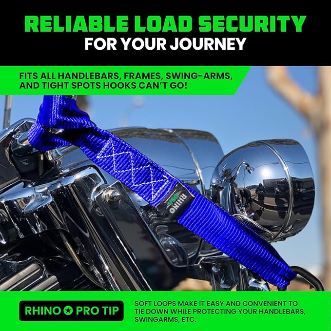 Rhino USA Soft Loop Tie Down Straps (4-Pack) - 1.6 Inch x 17 Inch (5,000 lbs Break Strength) Heavy Duty Motorcycle Handlebar Straps for use with Ratchets for ATV, UTV, Dirt Bike (Blue)