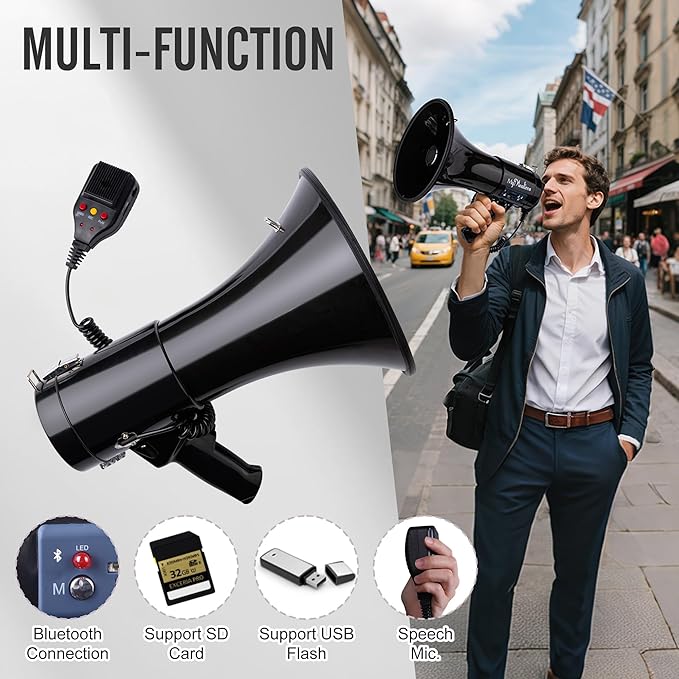 MyMealivos 50W Bluetooth Megaphone with Rechargeable Battery-Professional Bullhorn with Siren&240s Recording Supports USB/SD/3.5mm Aux-1600ft Range for Sports Police Emergency Outdoor Activities