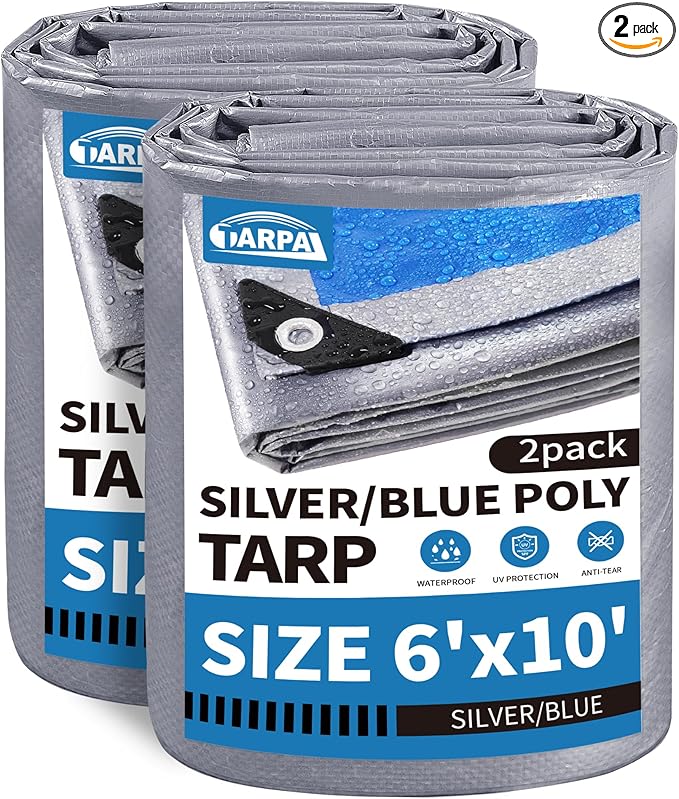 TARPAL Tarp 6x10 Feet (2 Pack) Waterproof Small tarps 7.5mil Multipurpose Protective for Outdoors,UV Protection,Rip and Tear Proof,Poly Tarpaulin(Silver/Blue)