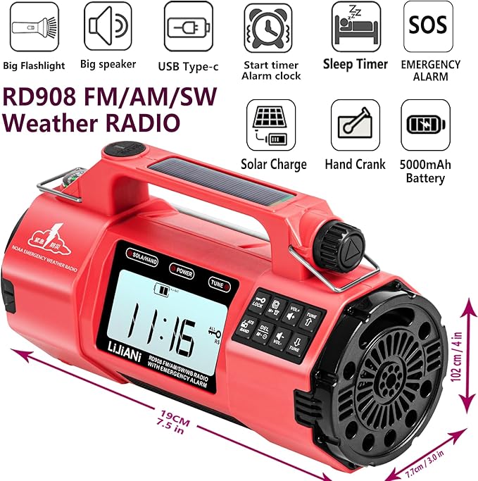 NOAA Emergency Weather Radio, AM/FM/SW Solar Hand Crank Radio with Larger Flashlight/Speaker, Clock, 5000mAh Battery Operated Radio with SOS Alert for Indoor/Outdoor Camping