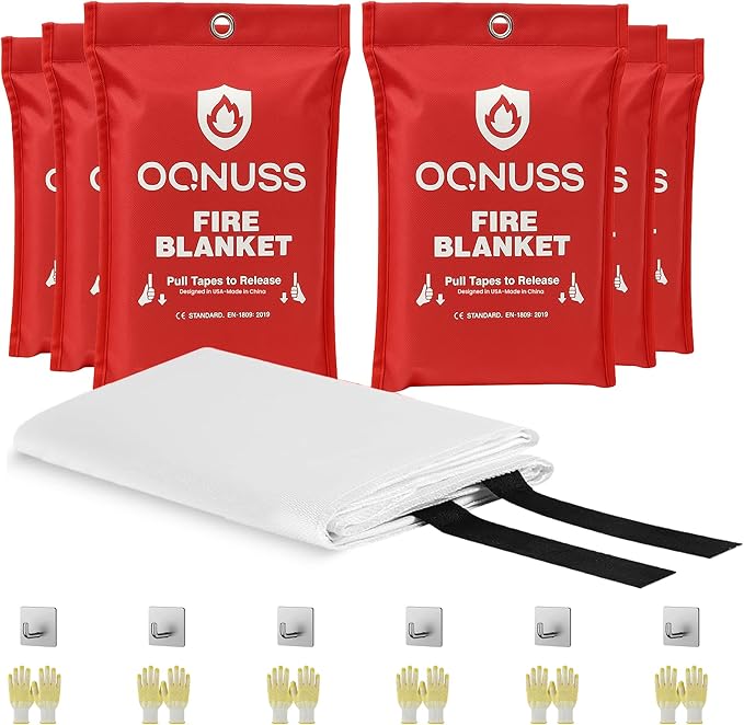 Emergency Fire Blanket 40x40 Inch - 6 Pack Fiberglass Fireblanket with Hook & Gloves | Fire Safety Blanket for Kitchen, Home, Garage, Camping