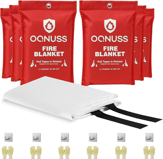 Emergency Fire Blanket 40x40 Inch - 6 Pack Fiberglass Fireblanket with Hook & Gloves | Fire Safety Blanket for Kitchen, Home, Garage, Camping