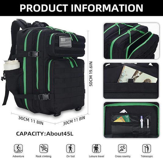 45L Tactical Assault Backpack - 3 Day Assault Pack with MOLLE Waterproof Rucksack (Back Green)