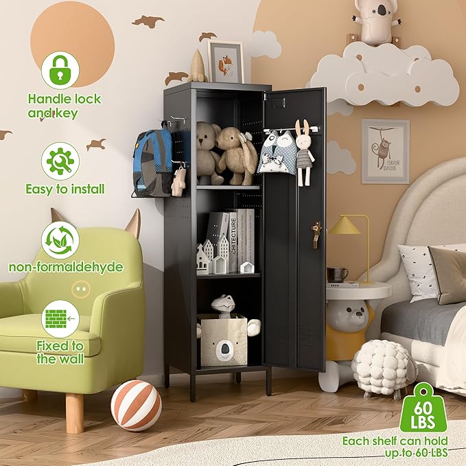 Lockable Metal Lockers with Handle,Metal Storage Locker with 2 Pegboard & 5 Hooks for Home,Office,School,Black,Required Assembly