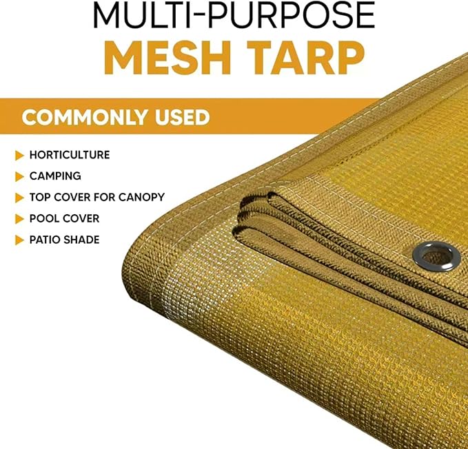 UV Resistant Tan Mesh Tarps 6' x 16' - Rip & Tear Proof Resistant Polyethylene Mesh for Plant Garden, Greenhouse House Patio, Car, Truck, Boat or RV, 70% Sunblock Shade