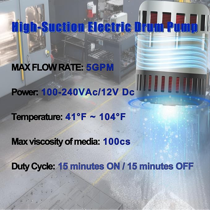 120V AC / 12V DC Electric Drum Pump, 55 Gallon Barrel Fuel Pumps with 2-Inch Bung Adapter with Supply 34 in-49 inTelescoping Suction Tube 5 GPM Flow Rate for DEF, Diesel, Water, Antifreeze