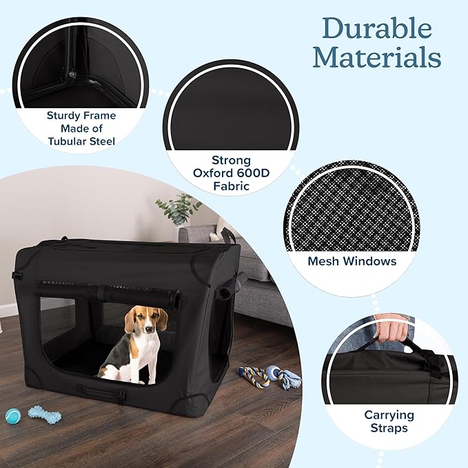Soft Dog Crate - 32x23.25x23 Collapsible Dog Crate for Medium Pets - Portable Travel Pet Crate with 3 Doors, Mesh Windows, and Removable Divider - Travel Accessories by PETMAKER (Black)