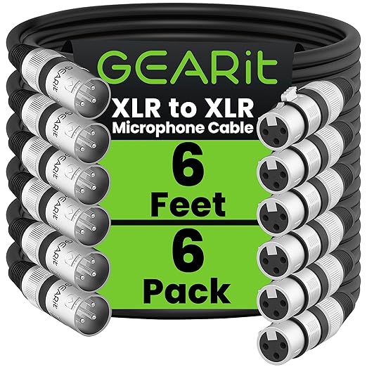 GEARit XLR Male to Female Microphone Cable (6 Feet, 6-Pack) 3-Pin Balanced Shielded Mixer, Recording Studio, Podcast - Black