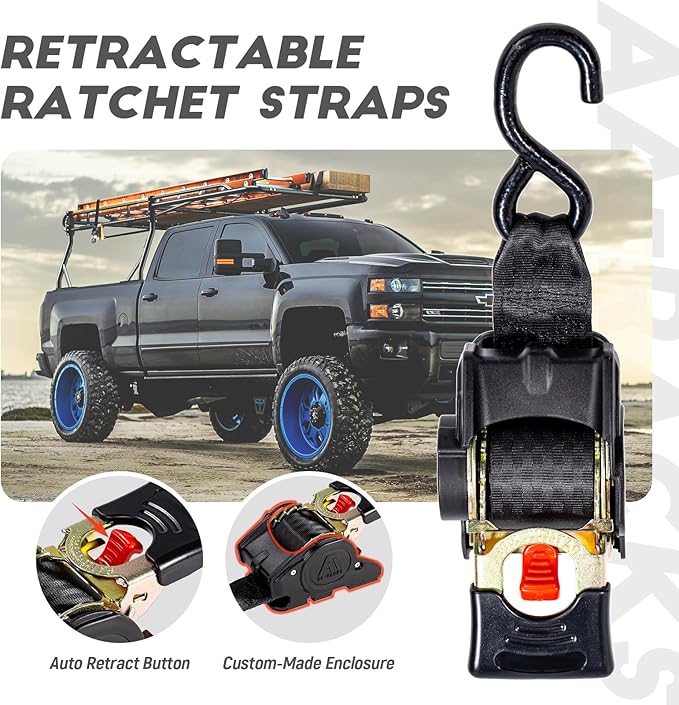 AA-Racks Heavy Duty Retractable Ratchet Straps (2 Pack) - 2 Inch x 9 Ft 3300lbs Break Strength, Tie Down Straps for Securing Cargo, Truck Rack Ratchet Strap Kit with S-Hooks