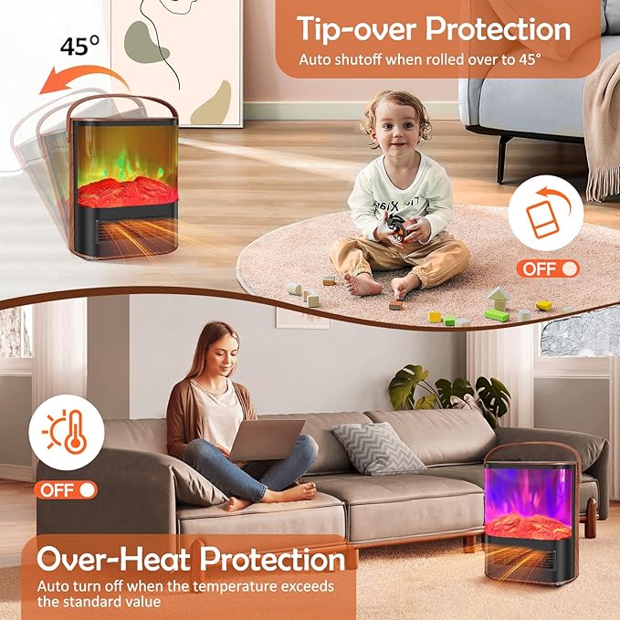 Electric Space Heater, 1500W Electric Fireplace Heater with Thermostat and Remote Control, Energy Efficient Space Heaters for Indoor Use with Realistic 3D Flame and 12H Timer, 7 Adjustable Colors