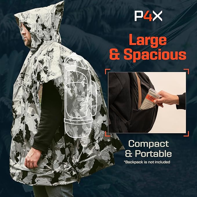 PREPARED4X Emergency Poncho and Mylar Blanket Liner - Waterproof, Wind-Resistant Outdoor Rain Poncho for Camping, Emergencies