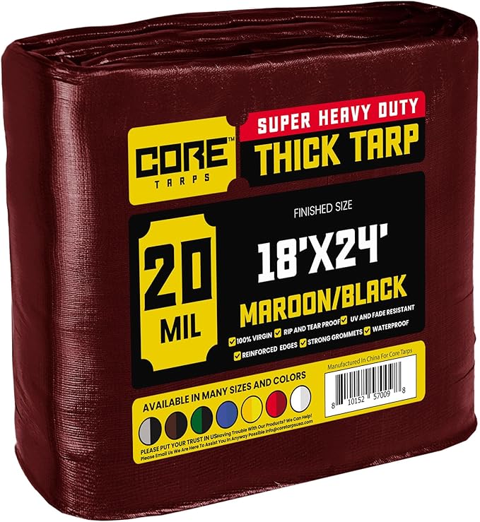 Core Tarps Extreme Heavy Duty 20 Mil Tarp Cover, Waterproof, UV Resistant, Rip and Tear Proof, Poly Tarpaulin with Reinforced Edges for Roof, Camping, Patio, Pool, Boat (Maroon/Black 18′ X 24′)