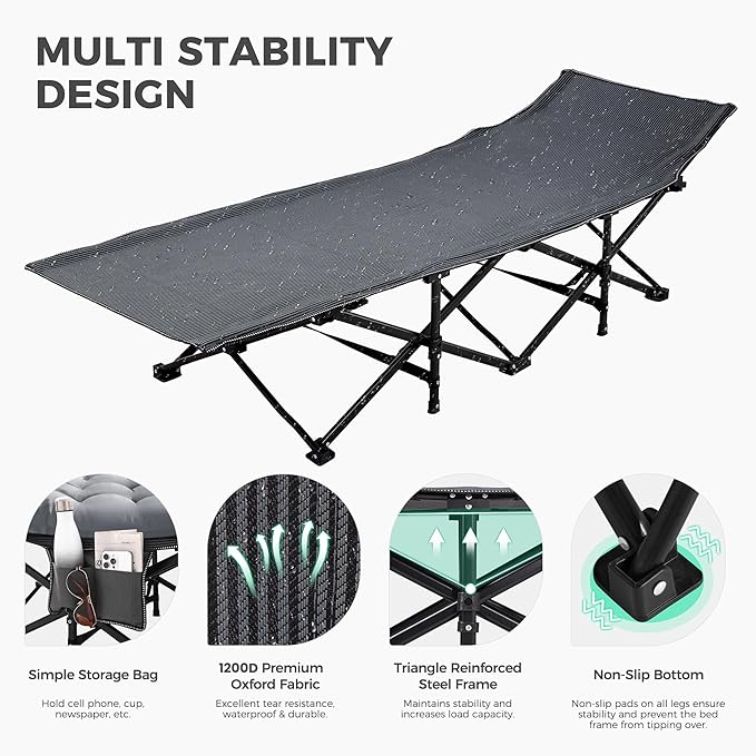 JEAREY 2-Piece Folding Camping Cot, Heavy Duty Camping Cots for Adults with Mattress, 1200D Double Layer Oxford Portable Folding Cot Bed with Carry Bag for Guest, Travel, Hiking, Light Gray