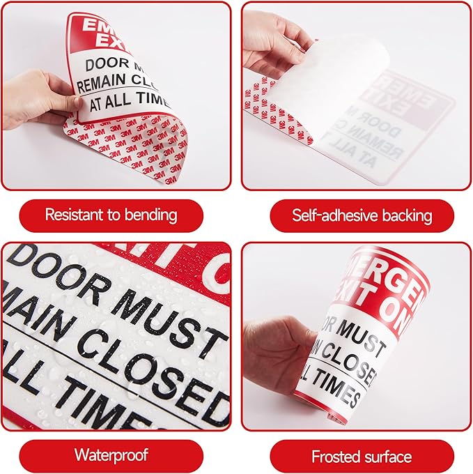 Emergency Exit Only Signs Sticker，Self Adhesive UV, Weather, Scratch, Water & Fade Resistant Door Must Remain Closed At All Times sign for Business, Schools, Offices, Storage Rooms, Hospitals