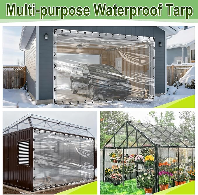 10x12ft Anti-Tear Clear Tarp Waterproof for Patio Winterizing - 5 mil Snowproof & Windproof Clear Plastic Tarps with Grommets for Garden Enclosure Chicken Coop