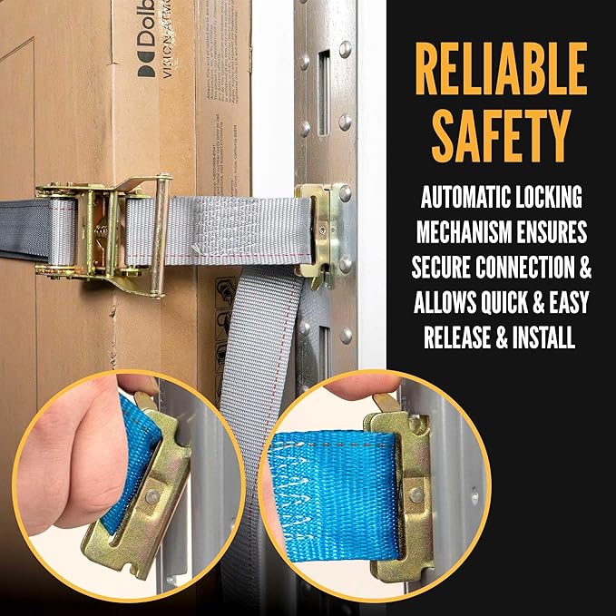 US Cargo Control Double-Fitted E-Track Ratchet Straps (4 Pack), 4,400 LBS Break Strength, 2 Inch x 20 Foot Heavy Duty E Track Straps with 3 Spring E-Fittings, Versatile 2-in-1 Logistic Tiedowns