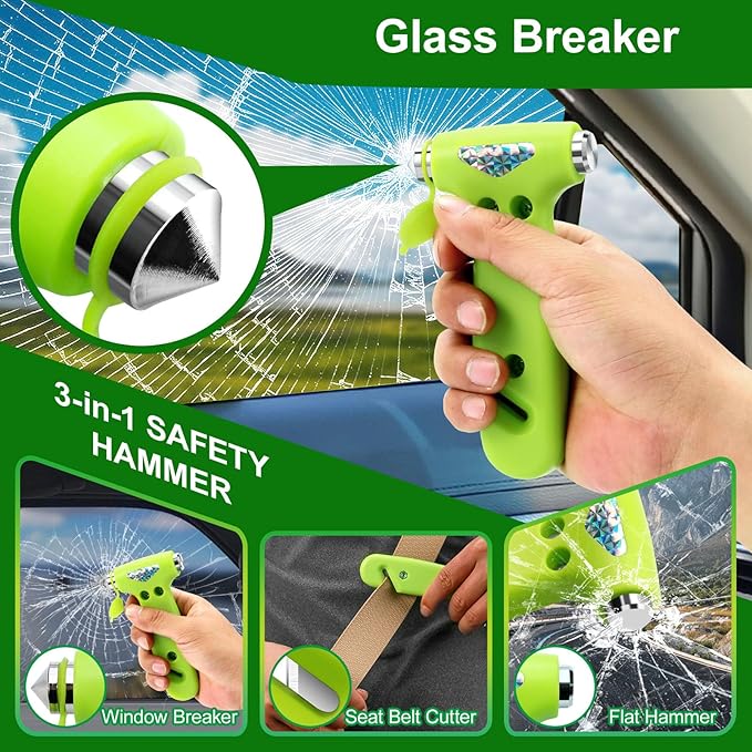 Car Window Breaker, Safety Hammer - 3 in 1 Escape Tools, Window Breaker Seatbelt Cutter, Roadside Emergency Kit with Light Reflective Tape(2 Pack, Green)